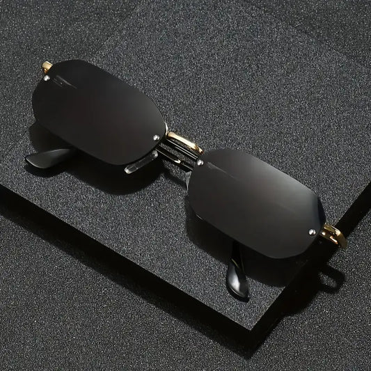 Obsidian Royale – Gold-Trimmed Rimless with Blackout Lenses